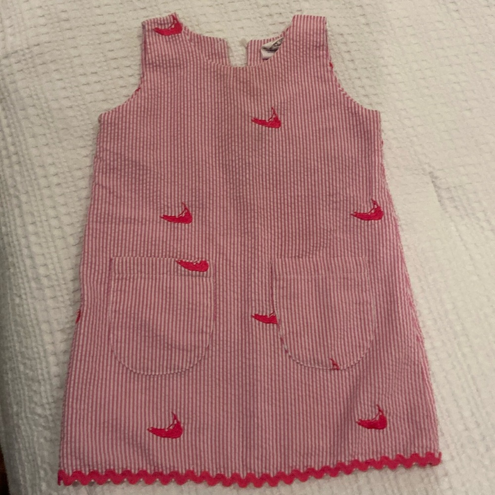 Piping prints Nantucket Island embroidered dress EUC size 12-18 months